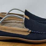 Clarks Mens 11M Navy Suede Moccasin Slippers Shearling Lined Tan Trim Photo 0