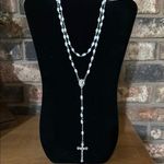 Catholic Rosary Necklace Mother of Pearl Beads Jerusalem Holy Soil Medal & Cross White Photo 0