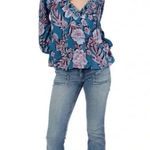 Band of Gypsies New BAND OF THE FREE Josie Blue Floral Print Long Sleeve V Neck Blouse Sz Small Photo 0