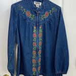 Vintage Country Store blue denim cotton floral embroidered mock neck zip jacket Size L Photo 0