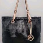 Michael Kors  Black Patent Leather Purse Shoulder Bag Tan Strap Logo Charm READ Photo 0