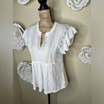 Lucky Brand Embroidered Peasant White, Blue & Yellow Babydoll Blouse Siz… Photo 5