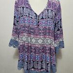 Emerald Blue & Magenta Geo Lace Trim Gauze Blouse Size Medium Photo 1
