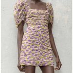 ZARA  Draped Ruched Puff Sleeves‎ Floral Bodycon Mini Dress Lilac Size XS Photo 3