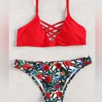 SheIn Red Crisscross Top And Floral Bottoms Bikini Set Boho Tropical Size Medium Photo 0