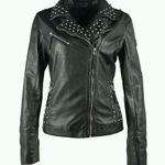 Mauritius Wanderglueck studded black leather biker jacket size US 6 S small Photo 0