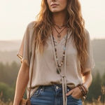 H&M NWT Top Womens M Taupe Tie Neck Peasant Earthy Boho Cottagecore Neutral Photo 0