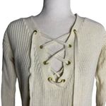 Guess  Cable Knit V Neck Sweater S Cream Lace Up Front Long Sleeves Stretch Photo 1