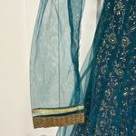 Pakistani Blue and Gold Beaded Sequin Long Sheer Sleeve Dress Size XS Photo 7