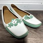 Prada The Original Car Shoe Driving Loafer Patent Pebbled Leather Flower Green 8 White Photo 1