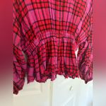 Free People  We the Free Pacific Dawn Plaid Shirt Pink Red Black Peplum Size S Photo 4