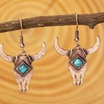 Head Western Retro Boho Bull  Design With Turquoise Decor Hook Earrings Zinc Photo 1