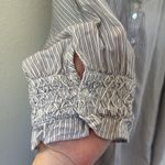 Sundance Marianna Stripe Top Large Gray White Henley Smocked Ruffle Button Up Photo 5