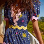 CELIA B Dress Celestial Sun Stars Print Navy Rickrack Trim Midi Dress XS Blue Photo 4