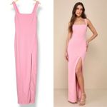 Lulus  Maxi Dress Thigh High Slit Pink Crepe Size Medium Square Neckline Cocktail Photo 1