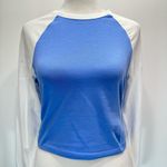 PINK - Victoria's Secret PINK by Victoria’s Secret Light Blue White Raglan Long Sleeves Cropped Top Small Photo 3
