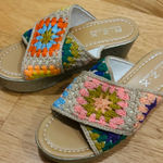 Granny square Multicolor Crochet Wedge Sandals Size 6.5 Gold Photo 0