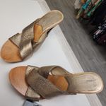 MICHAEL Michael Kors Gold Wood Strappy Slide Mules Heel Sandals Size 8M Brazil Photo 1