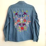 Vintage Natex Folkloric Mexican‎ Embroidered Denim Shirt Eyes Birds Mushrooms S Blue Photo 1