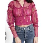 Free People  Time For Shine Mesh Cropped Smocked Pink Purple Floral Blouse Top L Photo 4