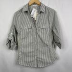 Active USA White Olive Stripe Woven Button Down Blouse Size M NWT Photo 2