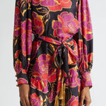 Farm Rio  Shiny Chita Floral Print Long Sleeve Mini Dress Size S Photo 0