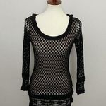 Max Studio s Top Crocheted Lace Illusion Ruffle Scoop Neckline Y2K Black Nude Tan Photo 0