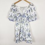 Saylor  Gracey Folk Floral Print Mini Dress Linen Puff Sleeve White Blue Photo 2