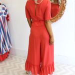 Traffic People Pink Red Wide Leg Short Sleeve Ruffle Ankle Jumpsuit M Size M Photo 1