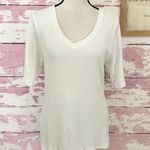 Magaschoni Women’s White Ribbed V-neck Pima Cotton Blend Short Sleeve Tee Top in a size Large Photo 0