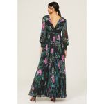 Badgley Mischka Black Floral Print Long Sleeve V-Neck Pleated Chiffon Gown 12 Photo 2