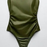 ZARA Olive Green Vegan Leather Bustier Bodysuit with Straight Neck Size Medium Photo 0