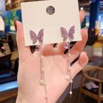 925 Silver Post Pearl Butterfly Long Tassel Dangle Drop Earrings for Women Photo 2