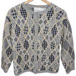 Vintage grey hand knit cotton ramie argyle patchwork grandpa sweater cardigan S Photo 0