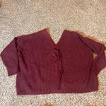 Burgundy V Neck Long Sleeve Lace Up Front Ribbed Knit‎ Sweater Top Women's Large Red Photo 4