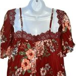 Flying Tomato Off Shoulder Pleated Crochet Trim Burgundy Floral Dress EUC S Photo 5
