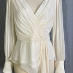 Tadashi Shoji Vintage Tadashi 100% Silk Ivory Draped Wrap Blouse Sheer Chiffon Sleeves S 10 Photo 0