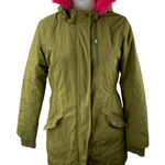 Cat & Jack Women's Olive Green Pink Faux Fur Hoodie Hooded Parka Coat Jacket XL Photo 0