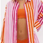 Beach Riot  Alexa Sunset Stripes Buttondown Shirt Coverup Size Large XL Photo 0