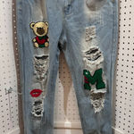 Light Wash Distressed Denim Jeans with Teddy Bear M and Lips Patches Blue Size 32 Photo 0