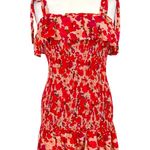 TCEC Red Pink Floral Smocked Mini Dress Ruffle Hem Tie Straps Size Large Photo 0