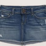 X2 Y2K Denim Micro Mini Skirt – Size 2 – Back Zipper Pockets – Frayed Hem Blue Photo 0