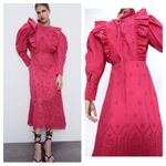 ZARA  Eyelet Pink Fushia Maxi Dress Cotton Poplin Long Puff Sleeve Small 7521/107 Photo 1