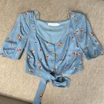 ASTR  Faye Cropped Tie Front Blue Floral Button Up Top Small Photo 1