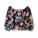 C&C California  Black Floral Square Neck Balloon Sleeve Linen Crop Top S Photo 1