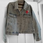 Red and Blue Cropped Jean Jacket with Distressed Finish Size XXL Photo 0