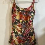 Beach Bay Vintage Floral One Piece Bikini Gold Faux Wrap Skirt 10 Retro Pin Up Photo 0