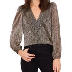 1.STATE Floral Balloon Sleeve Blouse Sz MED Black Glitter Gold Holiday Party Photo 0