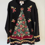 VTG TIARA Christmas Tree Sweater Multi Color Knit Elegant Black Gold Red S M Photo 0