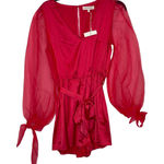 Fanco Women Romper Sheer V Neck Lace Long Sleeve Tie Waist Red Sz. Medium NWT Photo 0